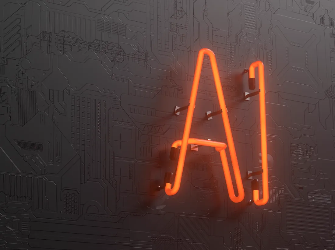 An orange neon sign reading AI mounted on a dark textured wall