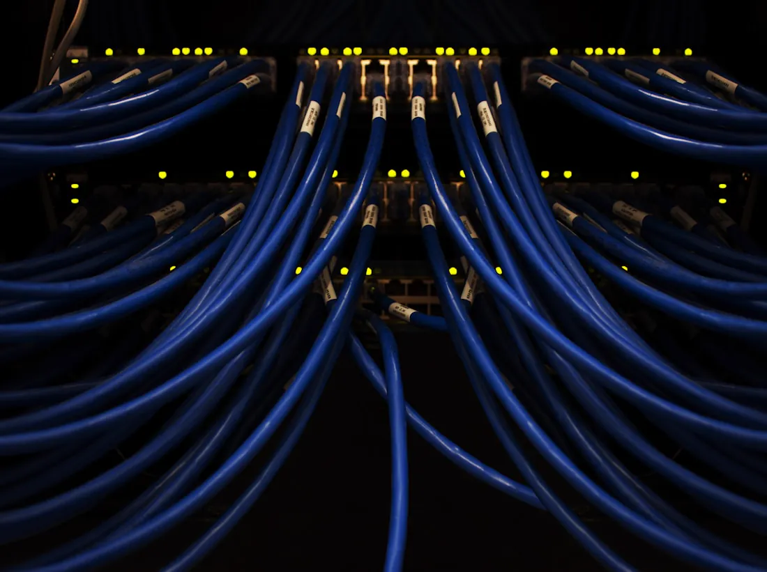 Blue network cables plugged into a patch panel with amber status lights