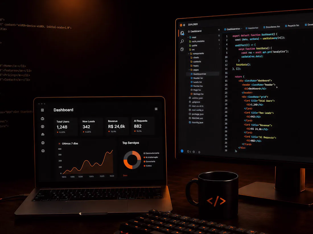 A dashboard application running on a laptop beside its source code